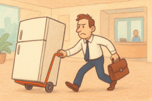 Salarié stressé de devoir transporter son gros frigo pour garder son déjeuner au frais. 