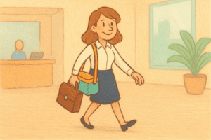 Salariée détendue avec son déjeuner dans son petit sac isotherme.